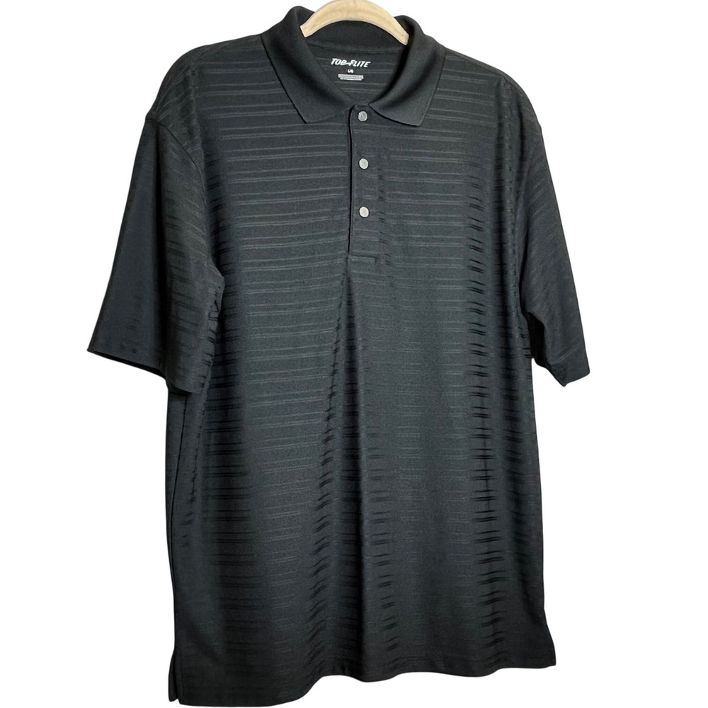 Mens Large L Top Flite Golf Polo Shirt Black on Black Stripe Short Sleeve‎